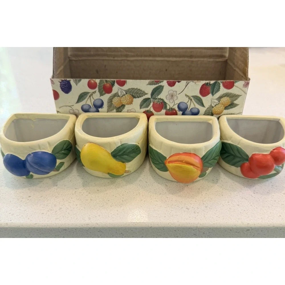 Vintage Country Orchard Set 4 Porcelain Napkin Rings Shabby Chic French Cottage